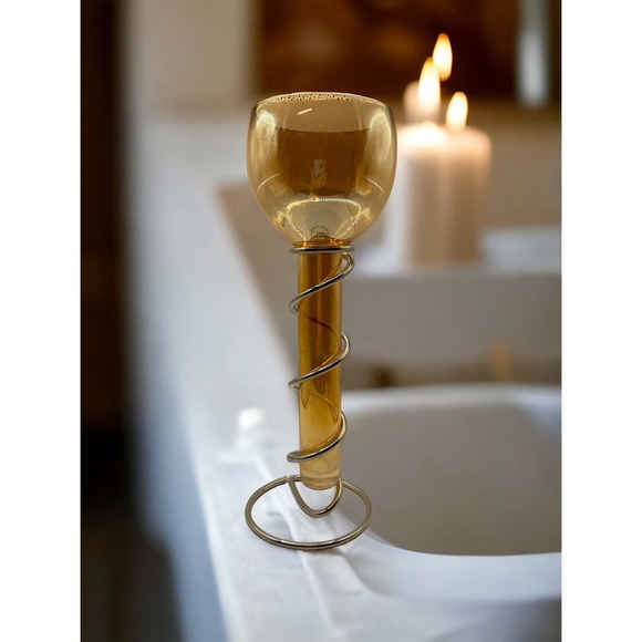 Amber Glass Wine Goblet/Candle Holder with Silver Tone Wraparound Stand - Picture 2 of 2